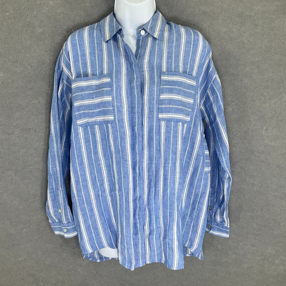 J Jill Love Linen Top Womens Sz XS Blue Striped Button Up Sustainable‎ Coastal